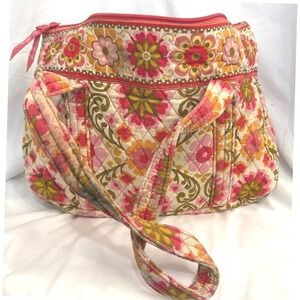 Vera Bradley Quilted Floral Shoulder Bag Pink Orange Green Zip Top Hobo Purse